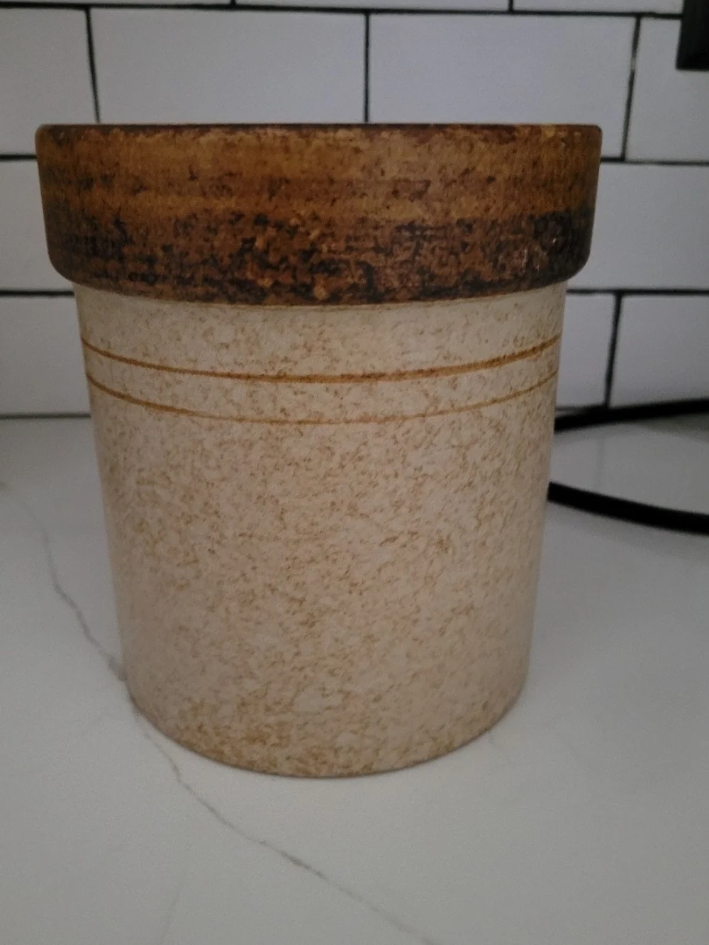 Pottery Canister with Brown Rim and Beige Body
